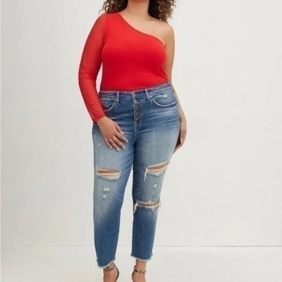 NWT Torrid Foxy One Shoulder Mesh Sleeve Red Top Womens Size 3X Bodycon Bold - Picture 9 of 11